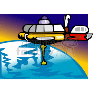 The clipart image shows a cartoon-style depiction of a UFO (Unidentified Flying Object) with various colors such as yellow, black, red, and gray, featuring a dome on top. It appears to be hovering above Earth, with the planet depicted in the bottom portion of the image showing continents in blue and white, possibly indicating land and clouds. There's a yellow droplet shape under the UFO, suggesting something being emitted or a beam of light.
