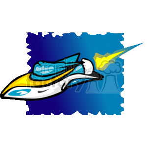 The clipart image features a stylized UFO or spaceship. The spacecraft is colored with shades of blue, white, yellow, and black and appears to be flying through space at high speed. There's a dynamic burst or flash coming out from the rear, indicating propulsion or fast movement, set against a backdrop that could represent space or the night sky.