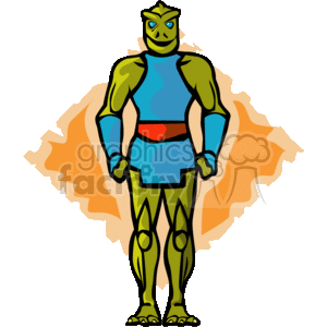 This clipart image features an illustrated extraterrestrial creature, resembling the concept of an alien or martian commonly depicted in Sci-Fi media. The alien has a humanoid form with green skin, stands upright, and is wearing a blue suit with a red belt. It has a muscular build, large black eyes, pointed ears, and a somewhat stern expression.