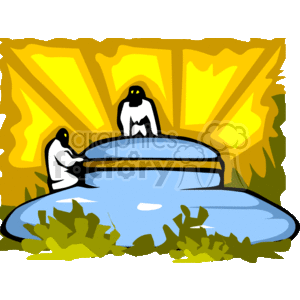 In this clipart image, there are two aliens standing next to a UFO (Unidentified Flying Object) or a spaceship. The background suggests it is outside, and there appears to be vegetation (grass or bushes) at the bottom. The sky or atmosphere has a yellowish glow, possibly implying a sunset, sunrise, or ambient light from the craft. The design is simple and cartoonish, which might appeal to a younger audience interested in science fiction themes.