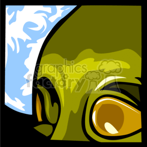 The clipart image features a stylized representation of an alien. The alien has a large, prominent eye which is colored predominantly in shades of orange, yellow, and white. The body of the alien appears to be green with a dark outline, indicating a simplified form or contour. In the background, a portion of planet Earth can be seen, suggesting that this alien is space-related and has a Sci-Fi connection.
