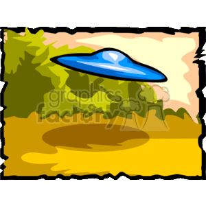 The clipart image features a classic flying saucer-style UFO with a prominent dome on top. It is depicted hovering over a landscape with green forest trees below a partly cloudy sky. The UFO casts a shadow that appears as an ominous circle on the ground beneath it, which could imply a landing or a mysterious interaction with the terrain.