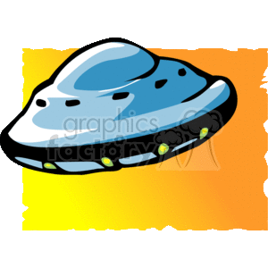 The clipart image shows a stylized illustration of a UFO (Unidentified Flying Object), typical of science fiction representations. It's a circular spaceship with a domed top, featuring windows or portholes and external lights around its midsection. The background is a gradient of orange and yellow, possibly suggesting a sunset or an otherworldly atmosphere.