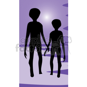 The clipart image features two silhouetted figures that resemble the popular representation of extraterrestrial beings, often referred to as aliens. They possess oversized heads with no discernible facial features and elongated limbs, a typical portrayal in science fiction media. They appear to be standing on a surface that may represent an alien landscape, with a pastel purple hue and smooth, undulating forms that could be interpreted as hills or strange terrain. The background suggests a light source or perhaps a celestial body like a sun or a moon, casting a glow that illuminates the scene and creates a sense of depth.