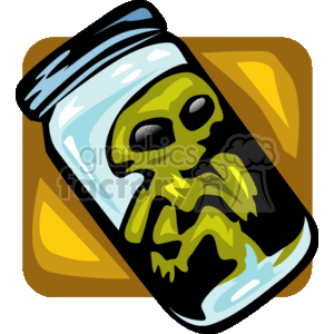 The image shows a cartoon-style clipart of a green alien with large black eyes, inside a transparent jar with a blue lid. The jar appears to be tilted, as suggested by the yellow and orange abstract shapes that create a sense of motion or background. The alien is depicted in a simplified form with a focus on the stereotypical features often associated with extraterrestrial beings in Sci-Fi media.
