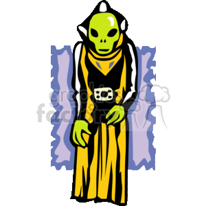 The image depicts a stylized clipart of an alien figure. The alien has a green skin tone, large black eyes, a small mouth, and two pointed ears. It appears to be wearing a futuristic black and yellow suit with a triangular symbol on the chest and a belt with several buttons or controls. The background is simple with irregular shapes on either side, possibly representing a strange environment or energy.