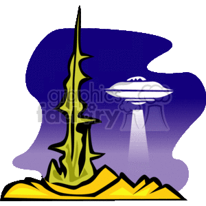 The clipart image features an alien spaceship with a classic flying saucer design, emitting a beam of light down towards the ground. The background suggests an extraterrestrial landscape with jagged mountains and a tall, spiky formation that could represent alien flora or rock. The overall atmosphere implies a Sci-Fi theme with the spaceship possibly either landing on or taking off from an alien planet.