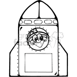 The image shows a simplified, country-style drawing of a spaceship or rocket. Inside the circular window at the top of the rocket, there is a cheerful astronaut with a cartoon-like appearance, waving and smiling. It embodies a playful and whimsical representation of space travel, likely intended for educational or decorative purposes suited for children.