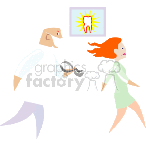 The clipart image depicts a cartoon scenario where a character resembling a dentist, wearing a white coat and holding dental instruments, appears to be chasing a woman who looks anxious or scared. There is a symbol in the background that often represents a toothache or dental pain, suggesting a connection to dental health.
