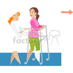 The clipart image features a nurse assisting a patient who is using a walker. The patient appears to have a broken leg with a cast. They are walking in a direction indicated by an arrow, suggesting movement and progress in the patient's recovery.