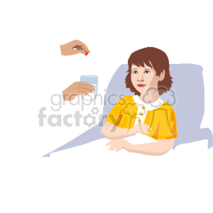 The clipart image shows a young girl sitting up in bed, seemingly sick, about to take medicine. An adult hand is offering her a red pill, while another hand holds a glass of water for her to drink the pill with.
