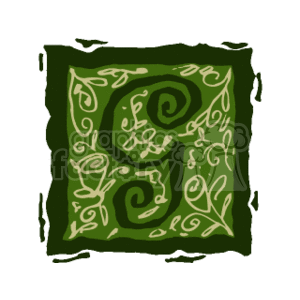 The image depicts a stylized letter G within a decorative box. The G is adorned with intricate calligraphic swirls and leaf-like designs on a green background, suggesting an ornate, possibly Celtic-inspired, alphabet character design.