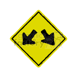 The clipart image features a yellow diamond-shaped road sign with two black arrows pointing towards each other but slanted downwards, indicating a convergence or that the lanes on either side are merging together.
