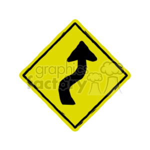 The clipart image shows a yellow diamond-shaped road sign with a black curving arrow that indicates a winding road ahead or a series of curves. The arrow starts straight but then curves right and left, suggesting that drivers should slow down and be cautious of changing road conditions ahead.