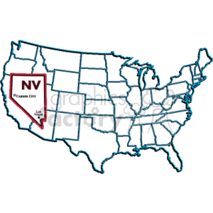The clipart image shows an outline map of the United States with the state of Nevada highlighted. Inside the outline of Nevada, there is a box with the letters NV, the abbreviation for Nevada, and below it the names of two cities: Carson City, marked as the state capital, and Las Vegas. Also, there appears to be a star indicating the location of the capital, Carson City, within Nevada.