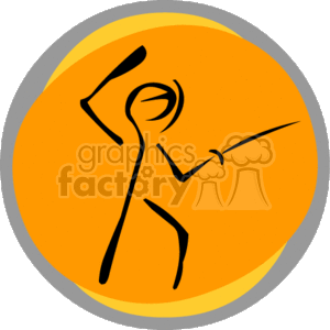The image is a simplified or stylized representation of a fencer or sword fighter. It features a stick figure in an active pose, holding a sword and seeming ready for combat or a fencing bout, set against an orange circular background.