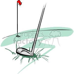 The clipart image shows a golf club positioned as if ready to strike a ball, with a focus on the green and the hole indicated by a flagstick with a red flag. The image is stylized and simplified, typical of clipart design.