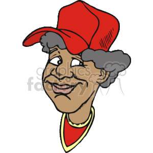 The clipart image depicts a caricature of a person who may be intended to resemble an African American sports coach. The character is wearing a red and white cap, which is often associated with sports attire. The facial features are exaggerated for a humorous effect, with a prominent smile and playful expression.