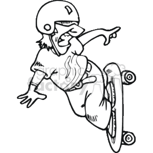 The clipart image features a funny or cartoonish depiction of a skater who is skateboarding. The character is shown in dynamic motion, with one foot on the skateboard and the other slightly raised. The skater is also wearing a helmet for safety, has a determined facial expression, and appears to be performing a skateboarding trick or maneuver.