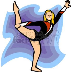 The image depicts a stylized illustration of a woman performing a high kick or a dance move, which could be part of a fitness routine, gymnastics, or aerobics exercise. She's wearing a black and orange outfit that is typical for activewear.