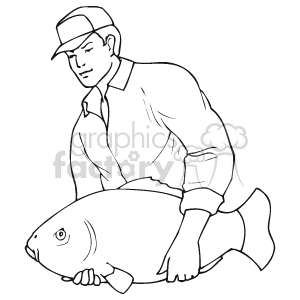 This clipart image depicts a fisherman holding a large fish. The fisherman is wearing a hat and is looking to the side, suggesting he might be proud of his catch. The image is a line drawing and has a simplistic style.