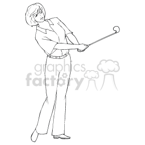 The clipart image features a golfer in the midst of a swing, with the golf club positioned behind their head indicating a follow-through after hitting the ball. The golfer is dressed in traditional golf attire, including a collared shirt and pants. The image is a line drawing in black and white.