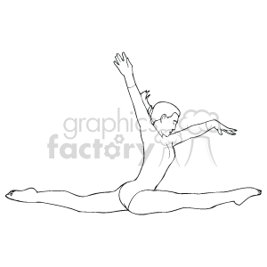 The clipart image depicts a female gymnast performing a split leap. She has both legs extended with one leg forward and the other extended behind her. Her arms are also outstretched, with one reaching forward and the other back, enhancing the sense of motion and grace typically associated with gymnastic floor routines.