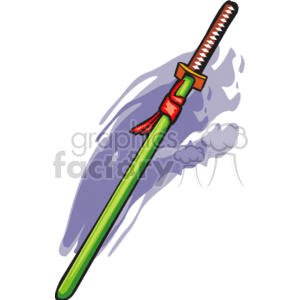 The clipart image features a stylized representation of a sword with a green blade and a detailed hilt with red accents and a red tassel. The sword is depicted with a motion or swoosh effect in the background, emphasizing movement as if it is being swung.