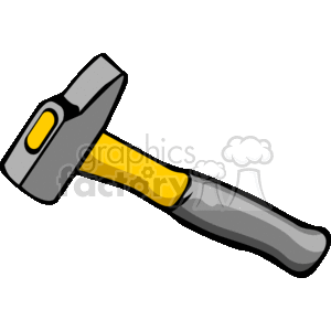 This clipart image depicts a hammer, which is a common hand tool used for driving nails, breaking objects, and forging metal. The hammer shown has a yellow and grey handle with a black head, which includes a striking surface and a peen (the opposite side to the striking face).