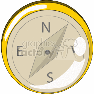 The image is a clipart illustration of a compass. The compass has a round shape with a metallic edge and a glass top, showing the cardinal directions: North (N), East (E), South (S), and West (W). The compass needle is pointing towards the North direction.