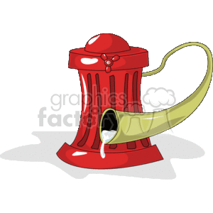 This clipart image depicts a red fire hydrant with a green water hose attached to it. There is water leaking from the connection of the hose to the hydrant, and a puddle is forming on the ground.