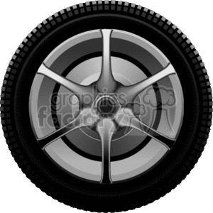 The image shows a clipart of a car tire with a detailed depiction of the tread pattern and a stylish wheel rim. The image represents auto parts focused on transportation, specifically a singular car tire as part of car maintenance and vehicle readiness.
