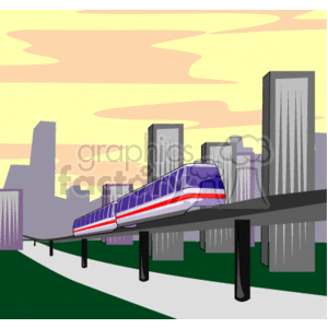 In this clipart image, there is a modern train traveling on an elevated track with a city skyline in the background. The skyline features several high-rise buildings, and the setting appears to be either sunrise or sunset, due to the pastel colors in the sky.