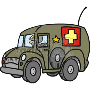A Military Man Driving a Green Camouflage Medical Truck