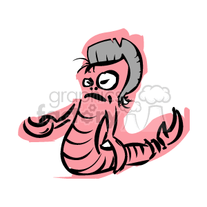 The clipart image depicts a cartoon representation of the zodiac sign Scorpio. It appears to be a stylized pink scorpion with a distinctive tail, pincers, and a cartoonish face with eyes and a frowning mouth. Its body displays segmentation typical of a scorpion, and there's a tuft of hair on its head, giving it a quirky, humorous appearance.