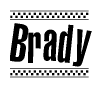 The image contains the text Brady in a bold, stylized font, with a checkered flag pattern bordering the top and bottom of the text.