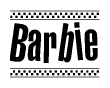 The image contains the text Barbie in a bold, stylized font, with a checkered flag pattern bordering the top and bottom of the text.