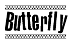 The image is a black and white clipart of the text Butterfly in a bold, italicized font. The text is bordered by a dotted line on the top and bottom, and there are checkered flags positioned at both ends of the text, usually associated with racing or finishing lines.