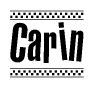 The image is a black and white clipart of the text Carin in a bold, italicized font. The text is bordered by a dotted line on the top and bottom, and there are checkered flags positioned at both ends of the text, usually associated with racing or finishing lines.