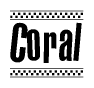The image contains the text Coral in a bold, stylized font, with a checkered flag pattern bordering the top and bottom of the text.