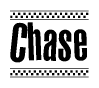 The image is a black and white clipart of the text Chase in a bold, italicized font. The text is bordered by a dotted line on the top and bottom, and there are checkered flags positioned at both ends of the text, usually associated with racing or finishing lines.