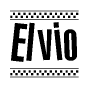 The image is a black and white clipart of the text Elvio in a bold, italicized font. The text is bordered by a dotted line on the top and bottom, and there are checkered flags positioned at both ends of the text, usually associated with racing or finishing lines.