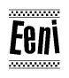 The image is a black and white clipart of the text Eeni in a bold, italicized font. The text is bordered by a dotted line on the top and bottom, and there are checkered flags positioned at both ends of the text, usually associated with racing or finishing lines.