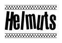 The image contains the text Helmuts in a bold, stylized font, with a checkered flag pattern bordering the top and bottom of the text.