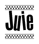 The image contains the text Juie in a bold, stylized font, with a checkered flag pattern bordering the top and bottom of the text.