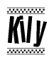 The image is a black and white clipart of the text Kily in a bold, italicized font. The text is bordered by a dotted line on the top and bottom, and there are checkered flags positioned at both ends of the text, usually associated with racing or finishing lines.
