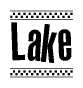 The image is a black and white clipart of the text Lake in a bold, italicized font. The text is bordered by a dotted line on the top and bottom, and there are checkered flags positioned at both ends of the text, usually associated with racing or finishing lines.