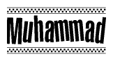 The clipart image displays the text Muhammad in a bold, stylized font. It is enclosed in a rectangular border with a checkerboard pattern running below and above the text, similar to a finish line in racing. 