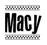 The image contains the text Macy in a bold, stylized font, with a checkered flag pattern bordering the top and bottom of the text.