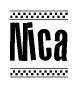 The image is a black and white clipart of the text Nica in a bold, italicized font. The text is bordered by a dotted line on the top and bottom, and there are checkered flags positioned at both ends of the text, usually associated with racing or finishing lines.